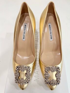 Manolo Blahnik Gold Leather Hangisi 70 Crystal Buckle Pump